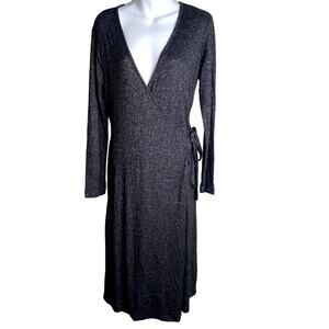 Susina Wrap Dress Women Small Heathered Black Long Sleeves MIDI NWT *